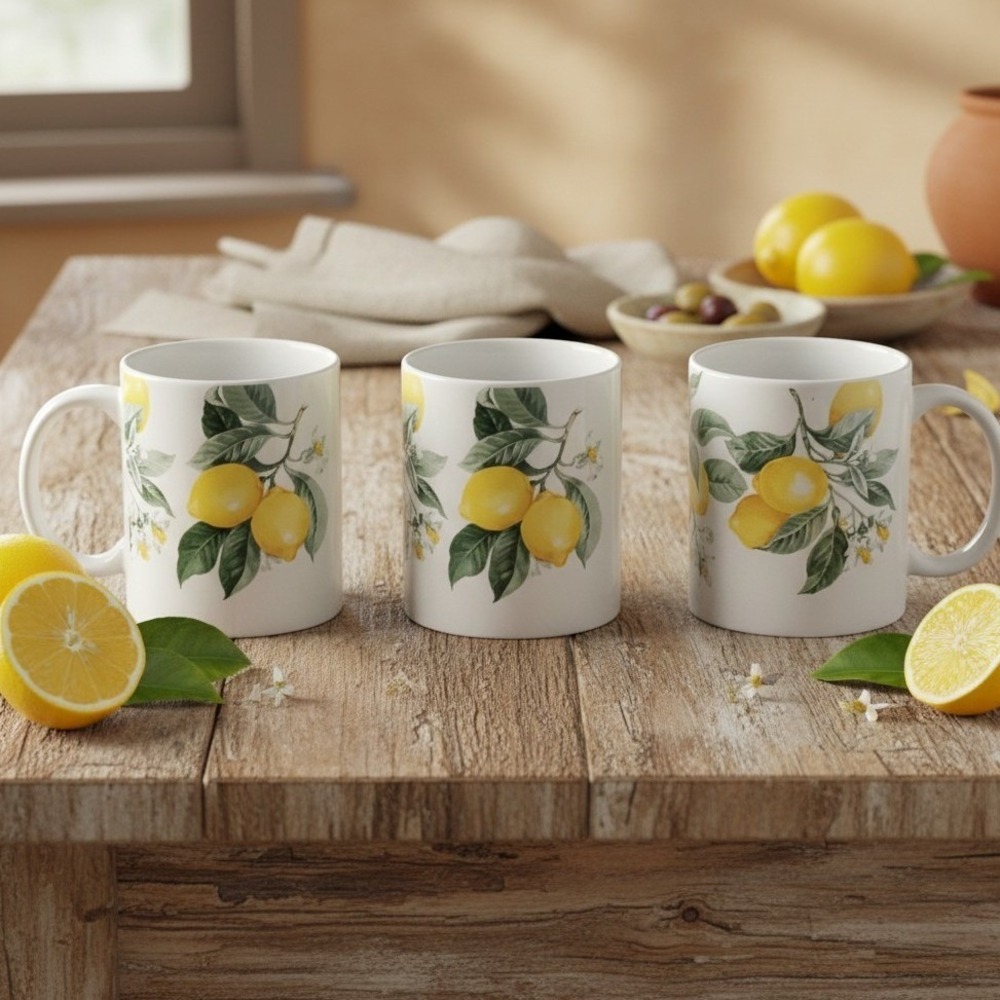 Set Of 3 Royal Norfolk 12oz " Tuscan Lemon" Coffee Mugs Cups